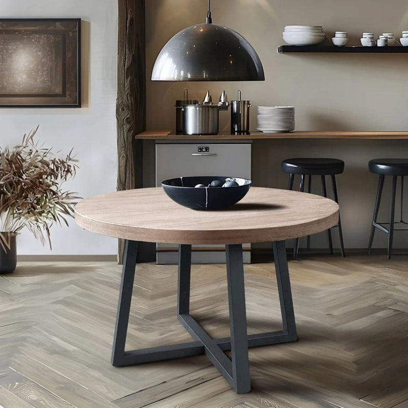 Round Dining Table With Wire Brushed Mindi Top And Mahogany Base - Wheat by HouseOfZazla