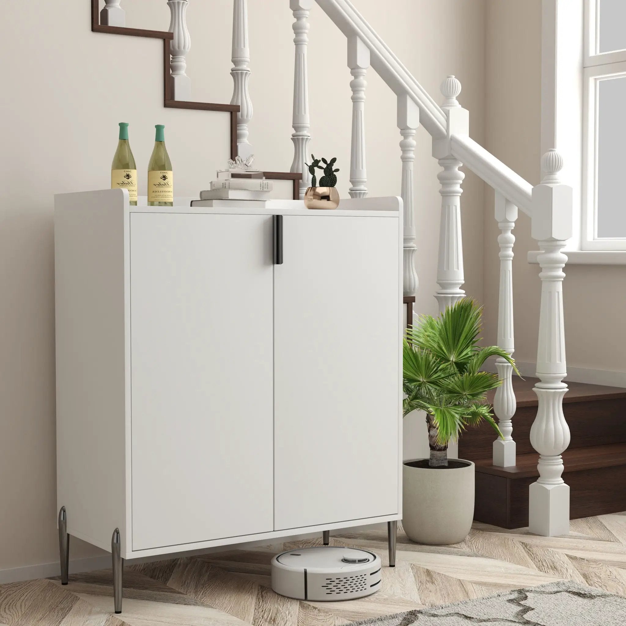 2 Door Wine Bar Cabinet With Adjustable Shelf, Soft-Closing Hinges, And High Feet - White by HouseOfZazla