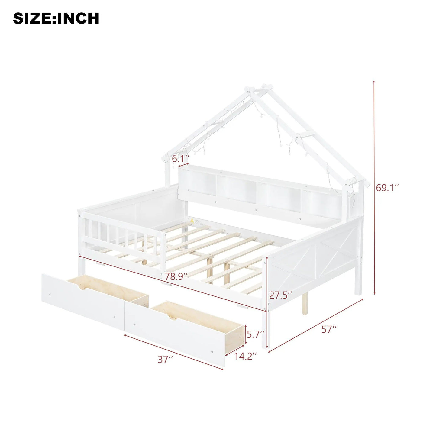 House Style Platform Bed With LED Lights, Storage Shelves, Drawers, And Guardrail by HouseOfZazla