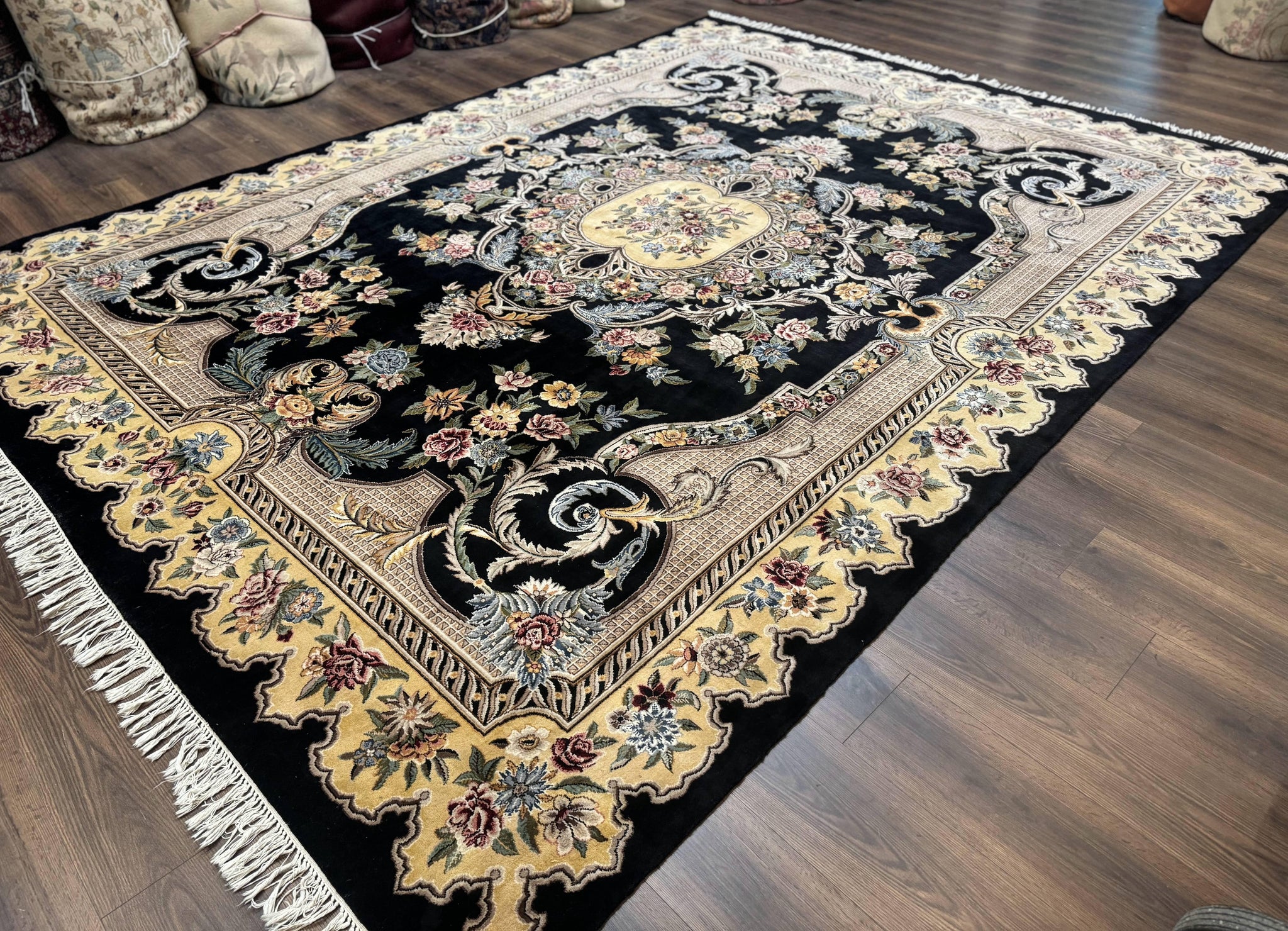 Aubusson Rug 9x12, Black and Beige, Floral, Elegant Handmade French European Design Carpet by Jewel Rugs