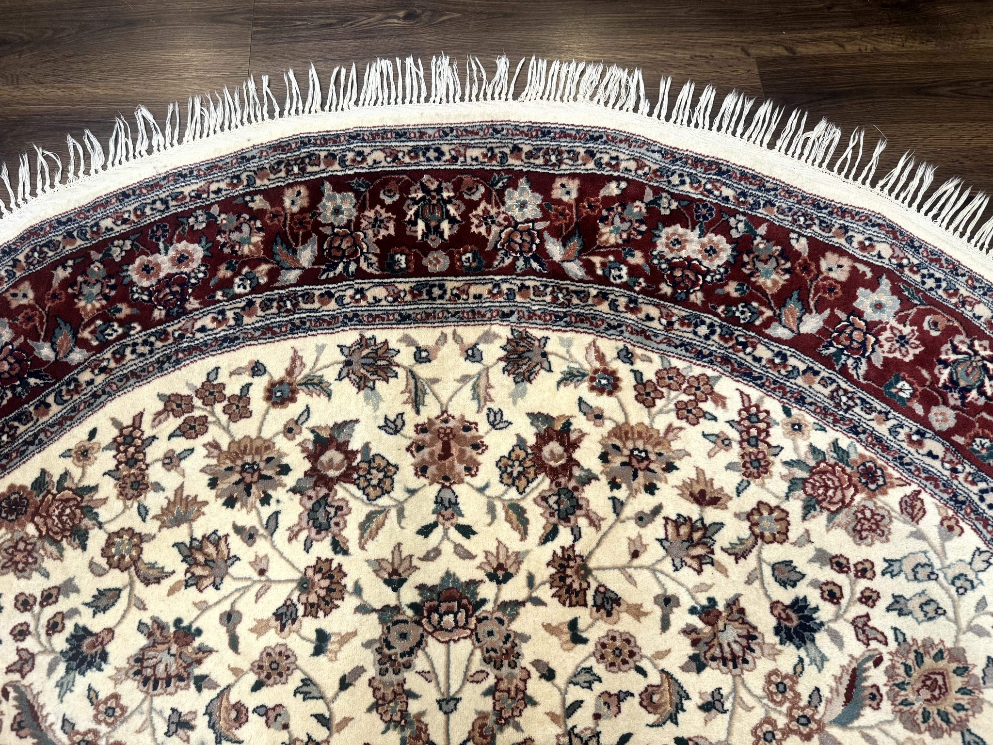 Round Sino Persian Rug 8x8, Wool and Silk, Floral Medallion, Ivory Dark Red by Jewel Rugs