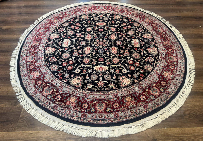 Round Sino Persian Rug 6x6, Floral, Navy Blue and Red, Wool and Silk Highlights by Jewel Rugs
