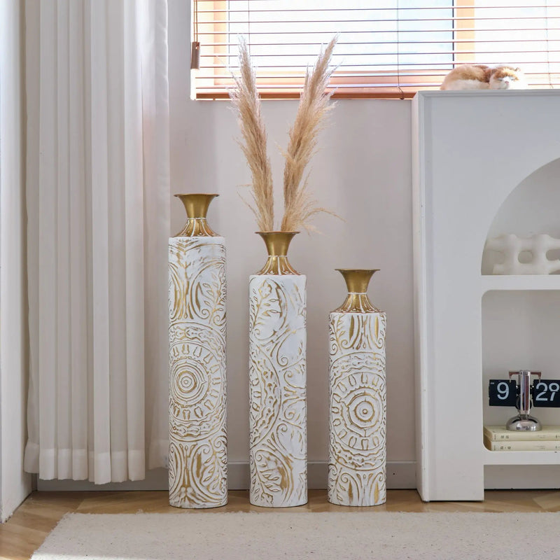 Floor Metal Vases Decorated Metal Vases (Set of 3) Gorgeous Home Decoration Large Glazed Metal Vases - White / Gold by HouseOfZazla