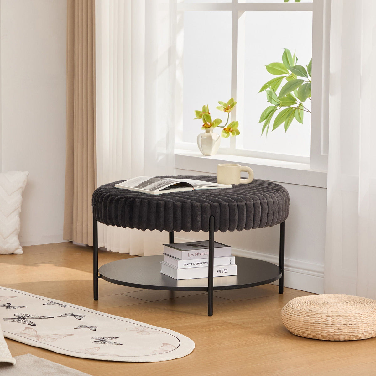 Modern Upholstered Round Ottoman Coffee Table with Storage Shelf - Fabric, photo 10 of 10
