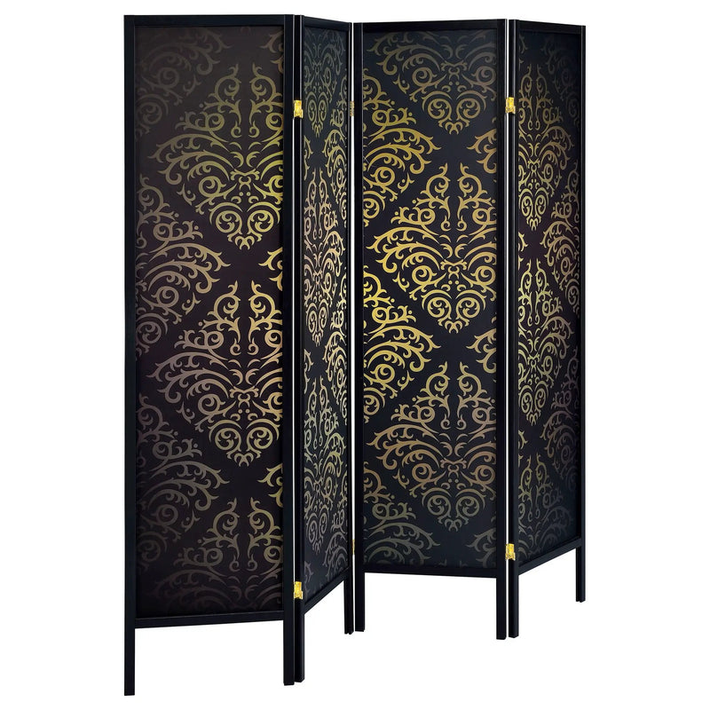 Haidera 4-Panel Room Divider Folding Screen Black Damask by Unique Piece Furniture