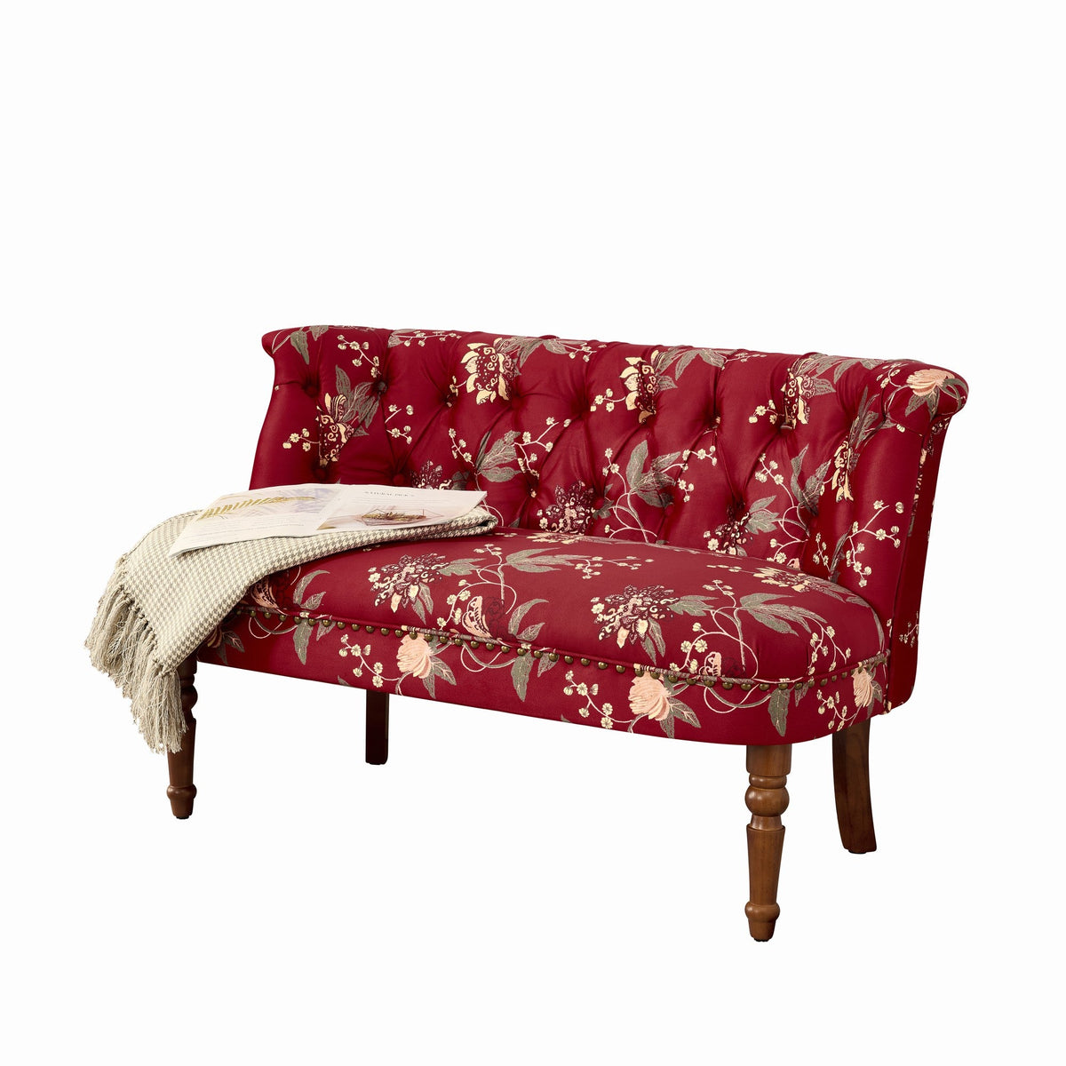 European Style Wine Red Sofa Chair with Floral Print – Wine Red, photo 7 of 10