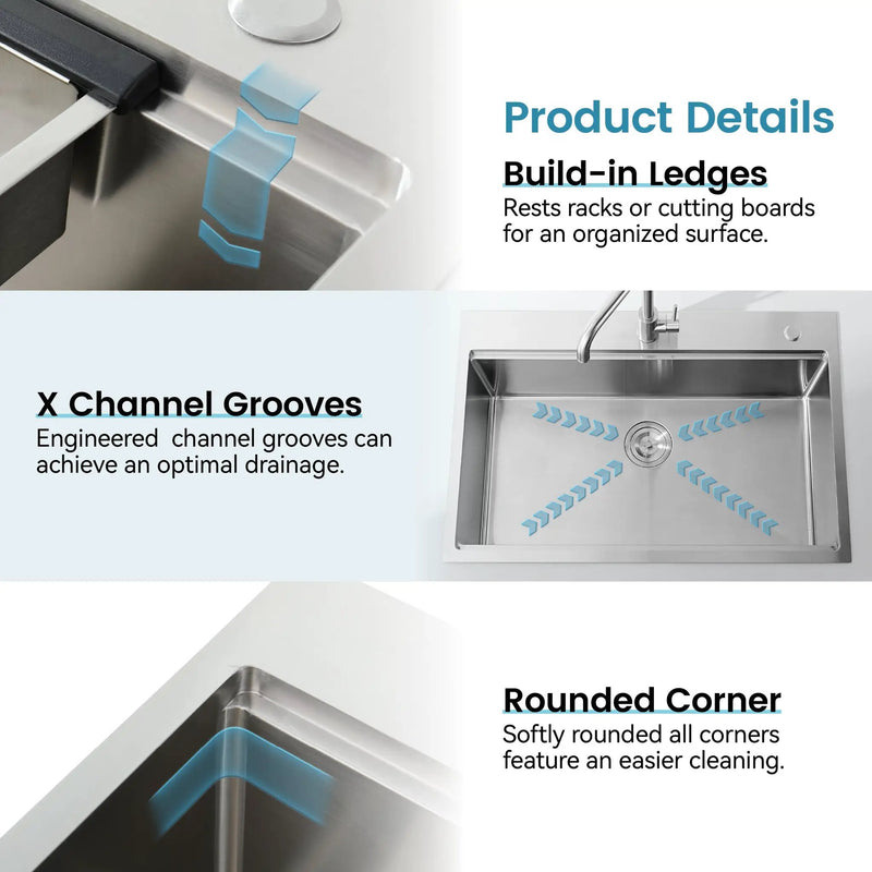 Stainless Steel Kitchen Sink, 33”x22” Single Bowl, Overmount, Brushed Finish by HouseOfZazla