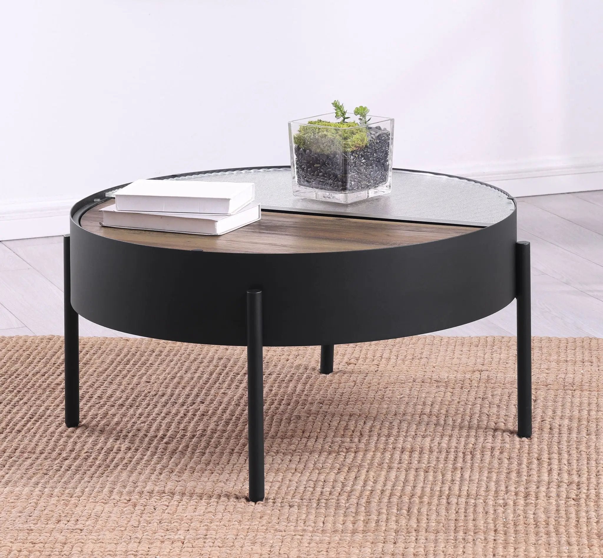 Ozella Round Coffee Table with Hidden Storage Sandy Black by Unique Piece Furniture