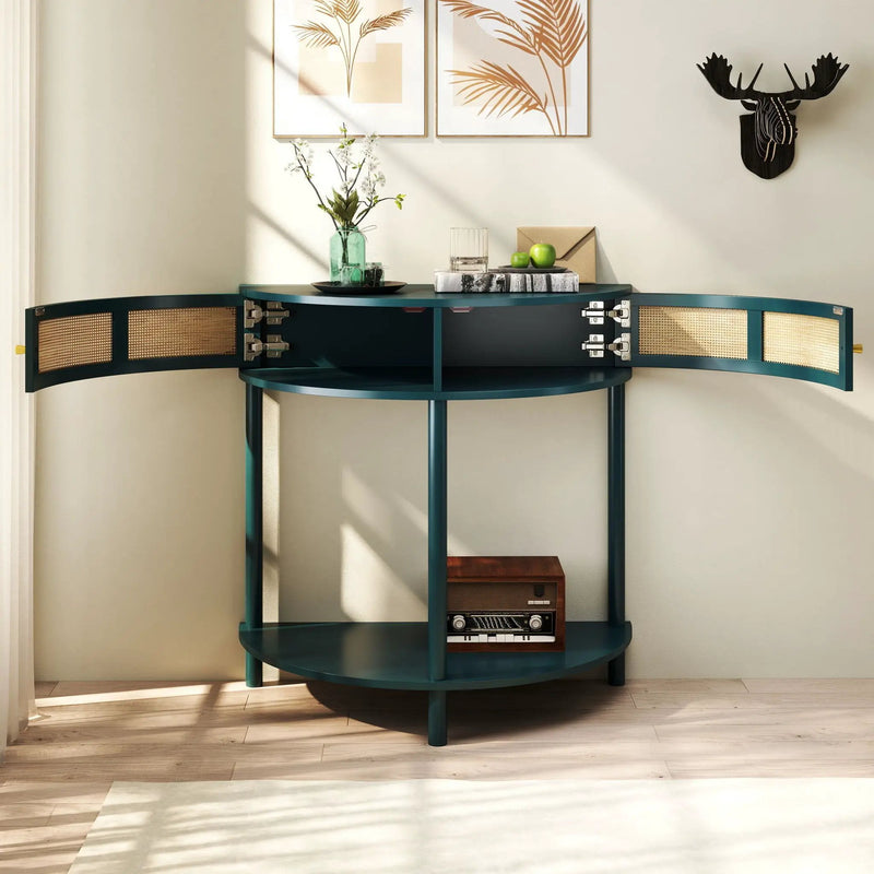 Boho Rattan Semi Circle End Table With Sliding Rattan Door, Storage And Bottom Shelf by Unique Piece Furniture
