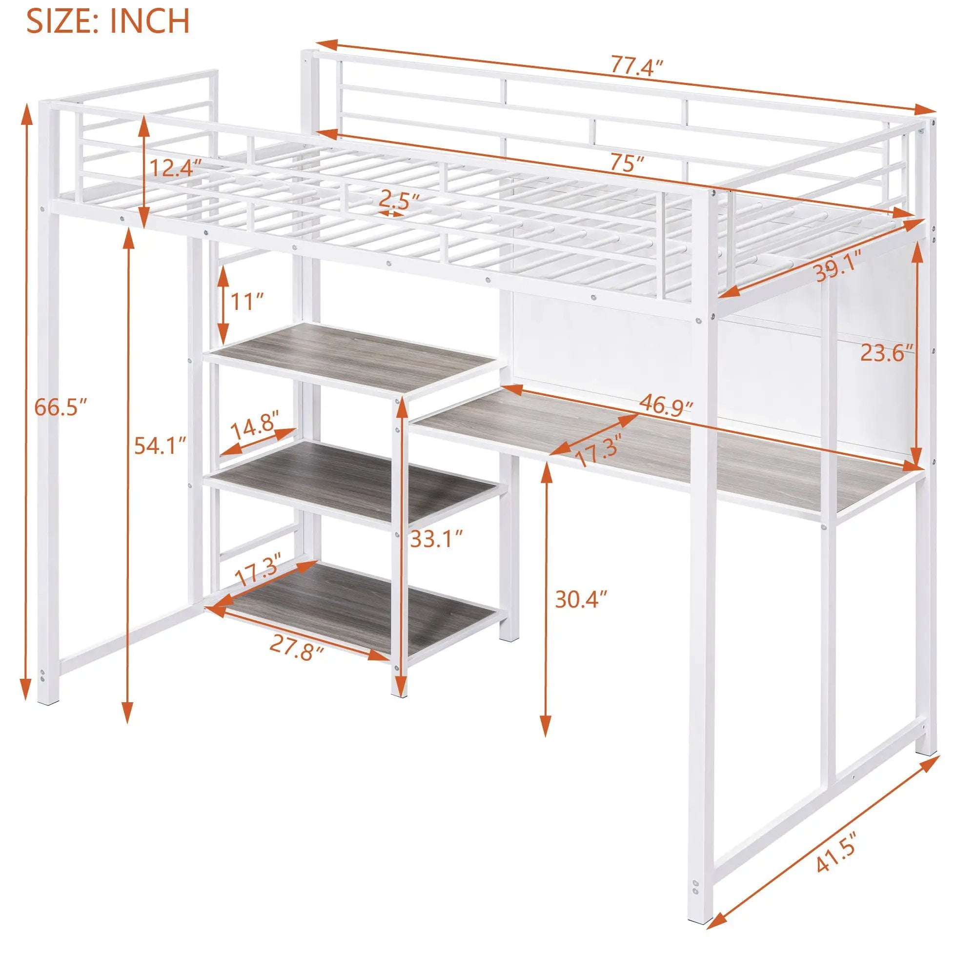 Metal Loft Bed With Desk, 3 Shelves And Ladder by Unique Piece Furniture