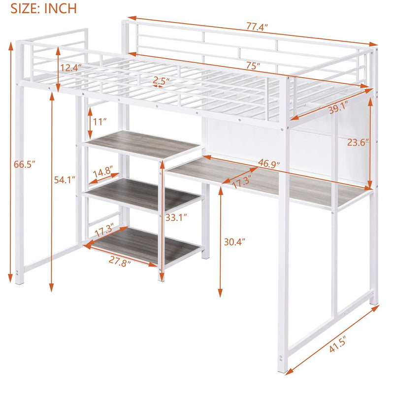 Metal Loft Bed With Desk, 3 Shelves And Ladder by HouseOfZazla