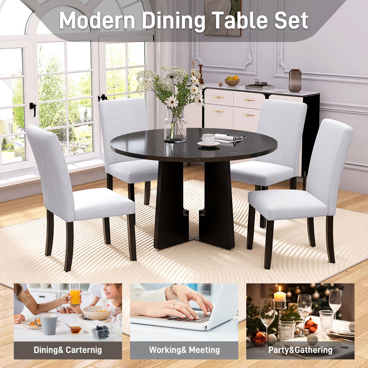 5 Piece Round Dining Table Set, Modern Dining Table And 4 Upholstered Chairs For Dining Room, photo 13 of 14