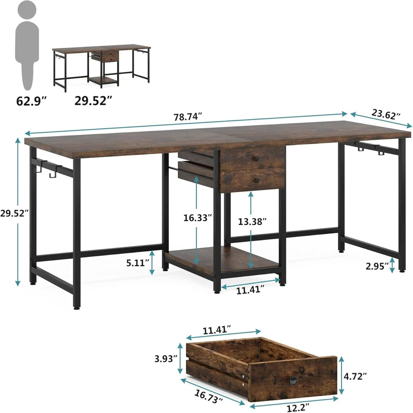 2 Person Computer Desk With Drawers And Shelves, Extra Long Double Workstation by HouseOfZazla