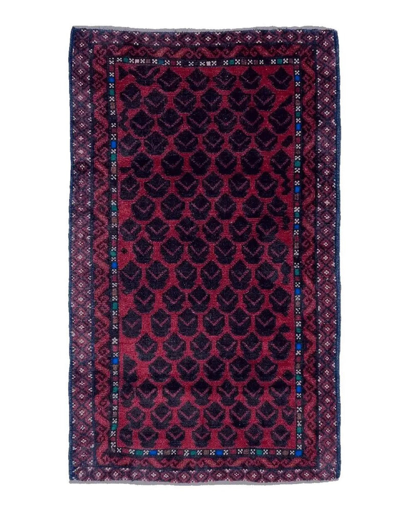 2' 8" X 4' 6" Vintage Handmade Tribal Wool Rug Balouchi Rug Afghan Rug Red Blue by Jewel Rugs