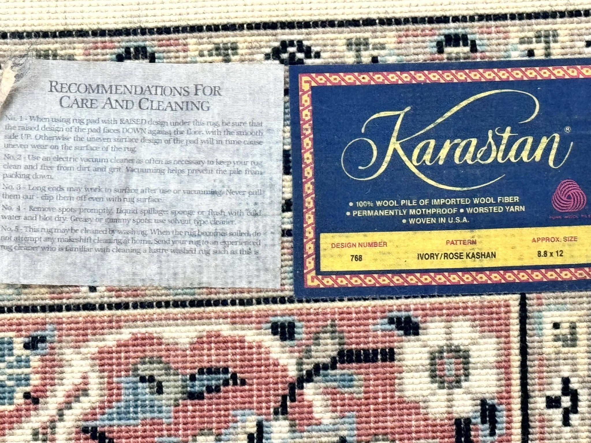 Karastan Rug 8.8 x 12, Ivory Rose Kashan #768, Wool Pile Karastan Carpet, Original 700 Series, Rare, Discontinued, Vintage by Jewel Rugs