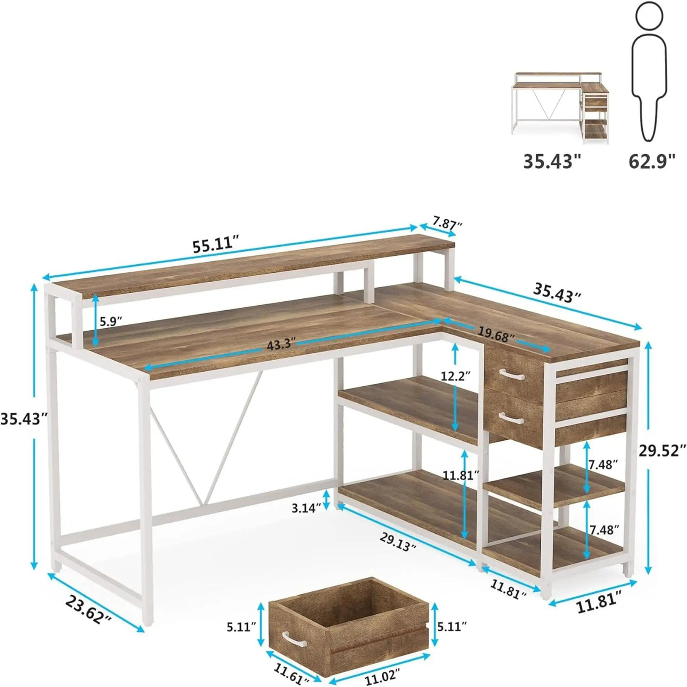 L-Shaped Home Office Desk With Monitor Riser, Drawers, And Storage Shelves by HouseOfZazla