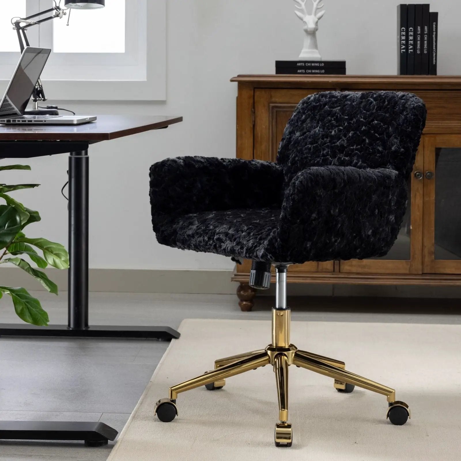 Office Chair, Artificial Rabbit Hair Home Office Chair With Metal Base, Adjustable Desk Chair Swivel Office Chair, Vanity Chair by HouseOfZazla