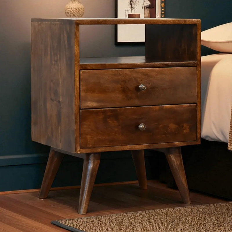 Classic Chestnut Nightstand, 2-Drawers, 1 Open-Slot, Nordic Legs by HouseOfZazla