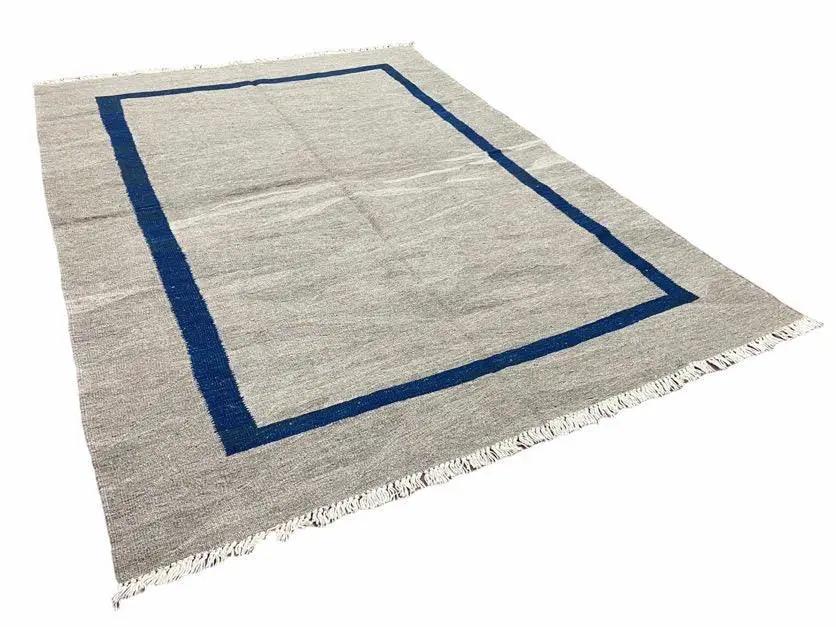 Geometric Turkish Kilim Rug 5' 7" x 7' 9", Flatweave Carpet, Minimal Design, Anatolian Carpet, Gray, Geometric, Dark Blue, Hand-Knotted, New by Jewel Rugs