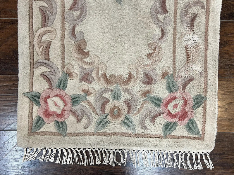Chinese Aubusson Runner Rug 2.4 x 11, Hand Tufted Beige Floral European Design Hallway Rug, Elegant Rug, Vintage Wool Rug 11ft Long by Jewel Rugs