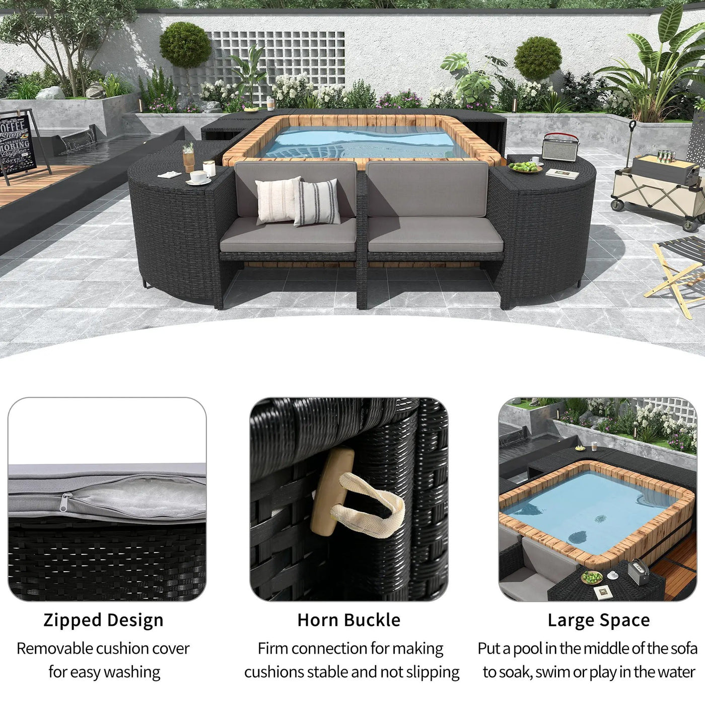 Spa Surround Spa Frame Quadrilateral Outdoor Rattan Sectional Sofa Set With Mini Sofa, Wooden Seats And Storage Spaces by Unique Piece Furniture