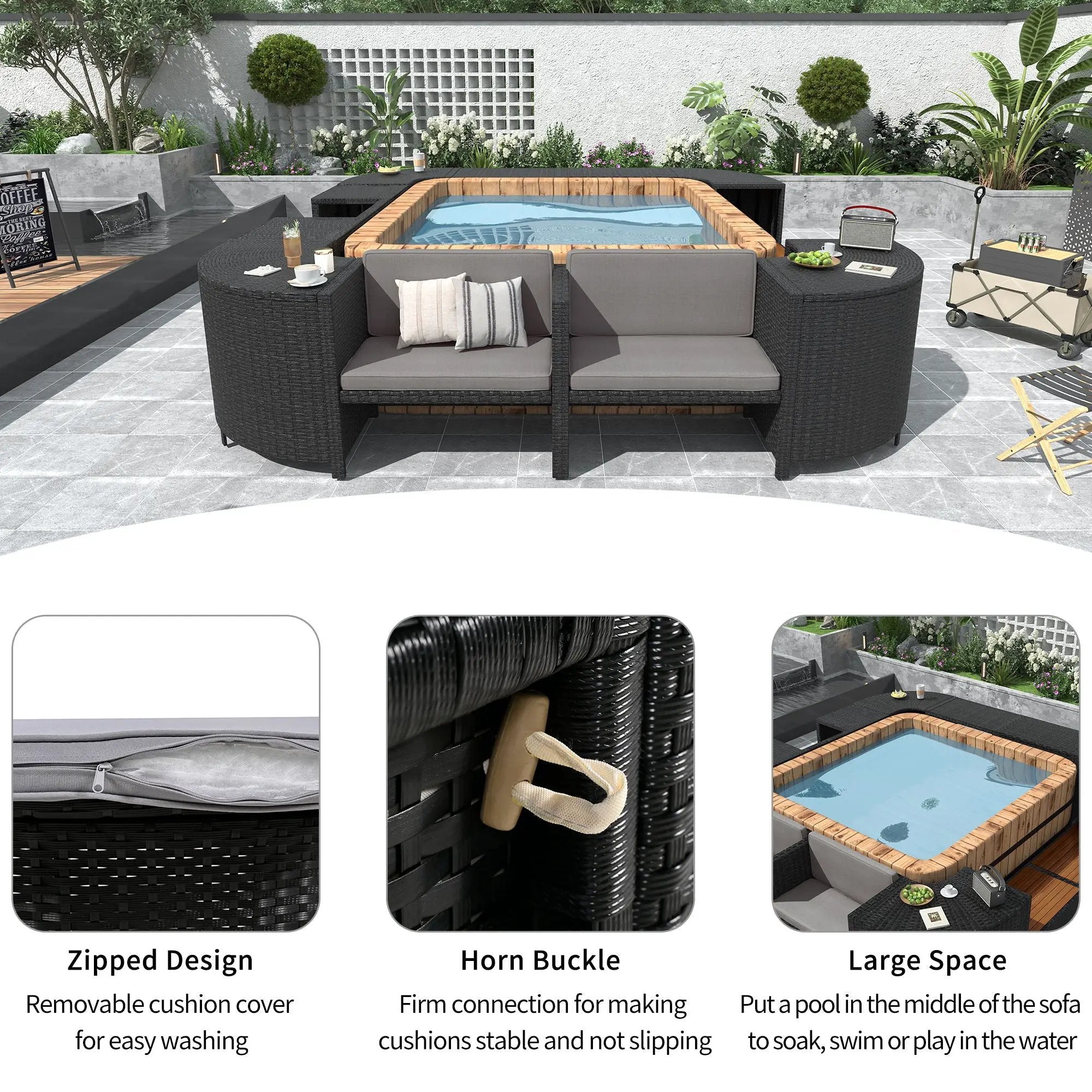 Spa Surround Spa Frame Quadrilateral Outdoor Rattan Sectional Sofa Set With Mini Sofa, Wooden Seats And Storage Spaces by HouseOfZazla