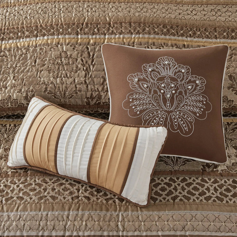 6 Piece Jacquard Quilt Set with Throw Pillows – Brown/Gold King/Cal King by HouseOfZazla