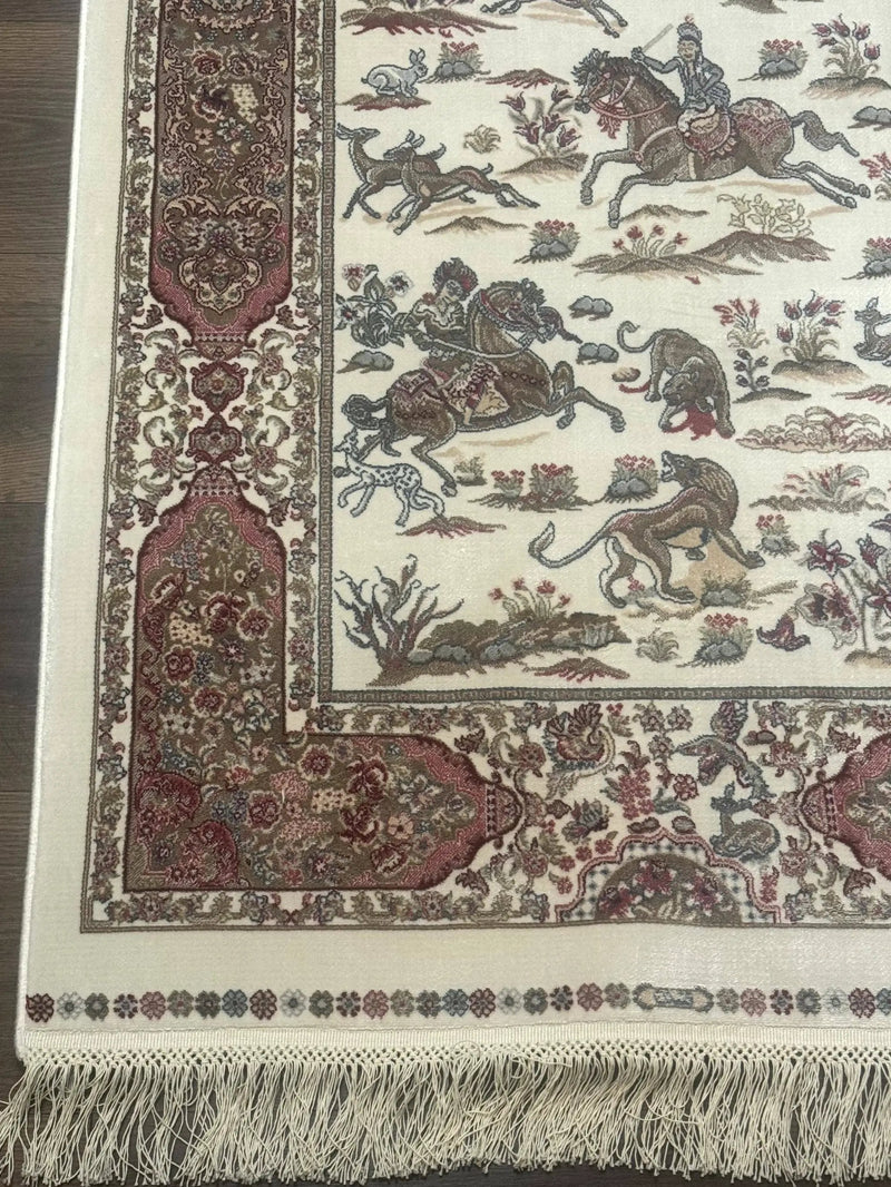 Turkish Silk Runner Rug 2.6 x 8, Hunting Design, Ivory, Bamboo Silk, New by Jewel Rugs