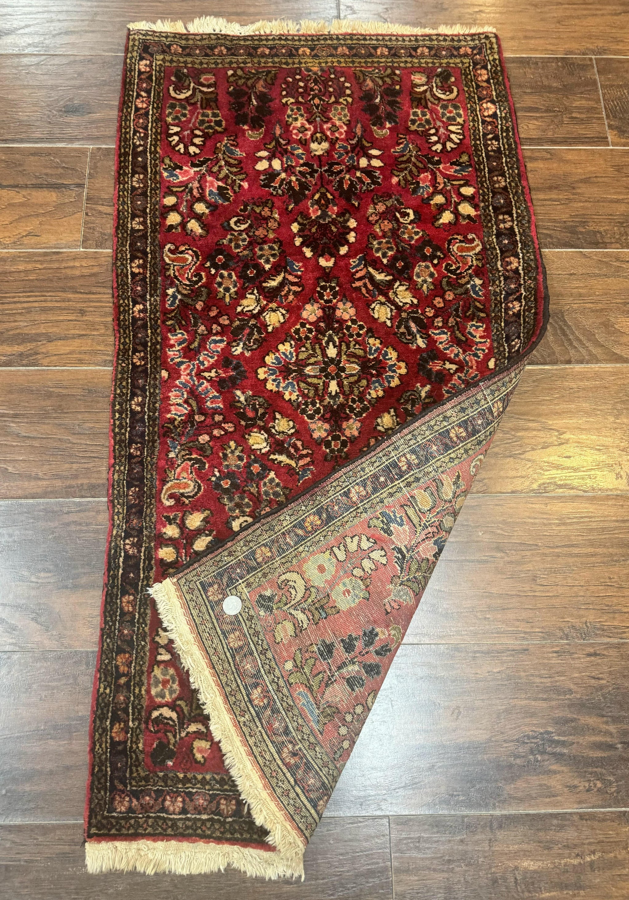 Small Persian Sarouk Rug 2x4, Floral, Red Hand Knotted Wool Traditional Oriental Carpet, Antique Persian Rug 2 x 4 by Jewel Rugs