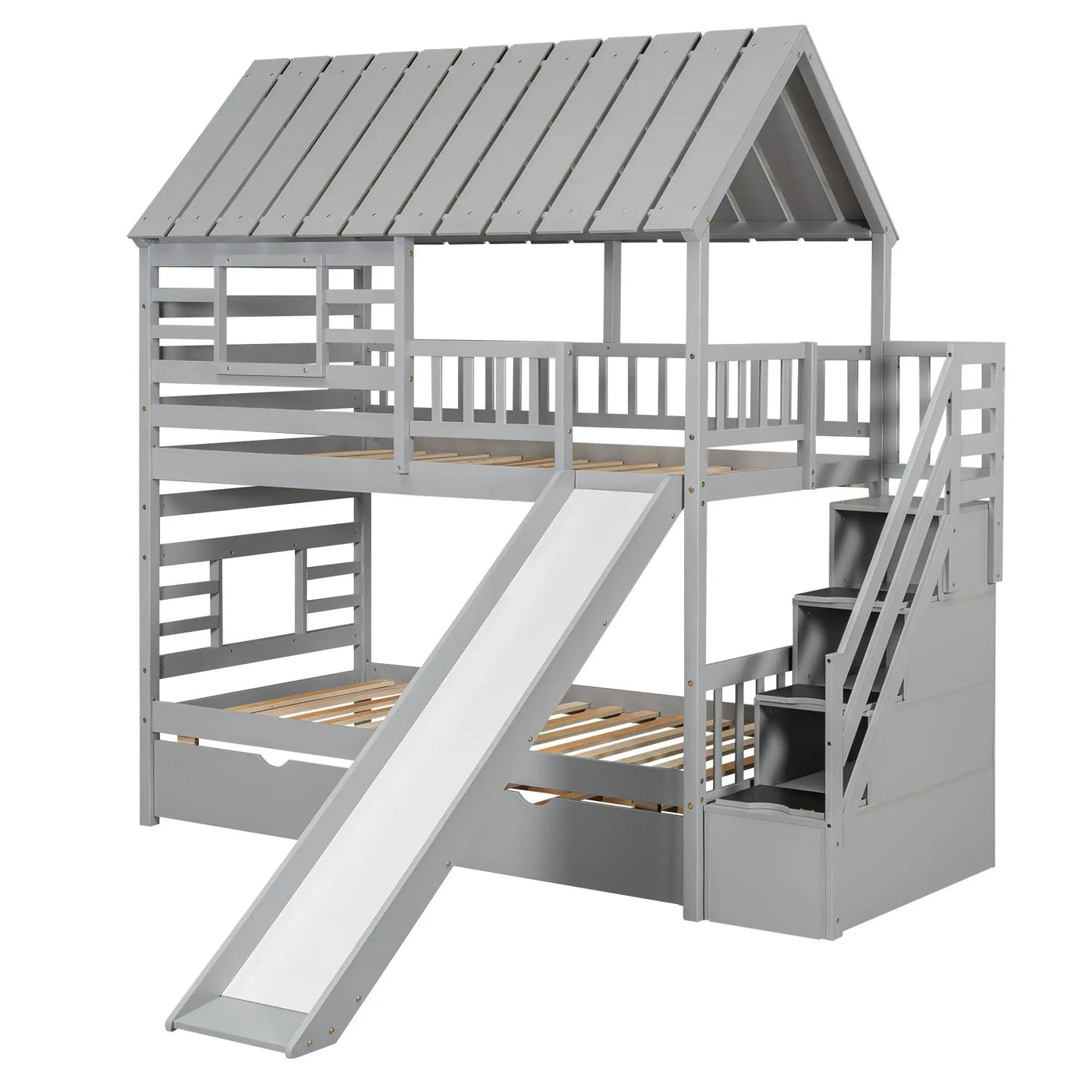 House Bunk Bed With Trundle, Storage Staircase, Roof And Window Design by HouseOfZazla