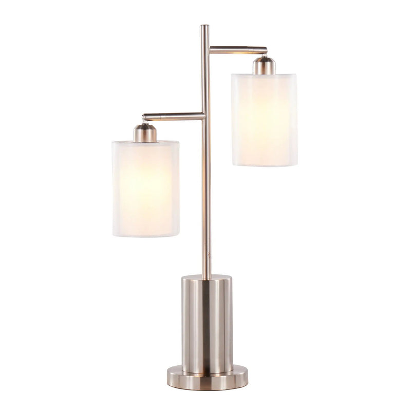 Cannes Contemporary Table Lamp in Nickel Metal with White Shades by HouseOfZazla