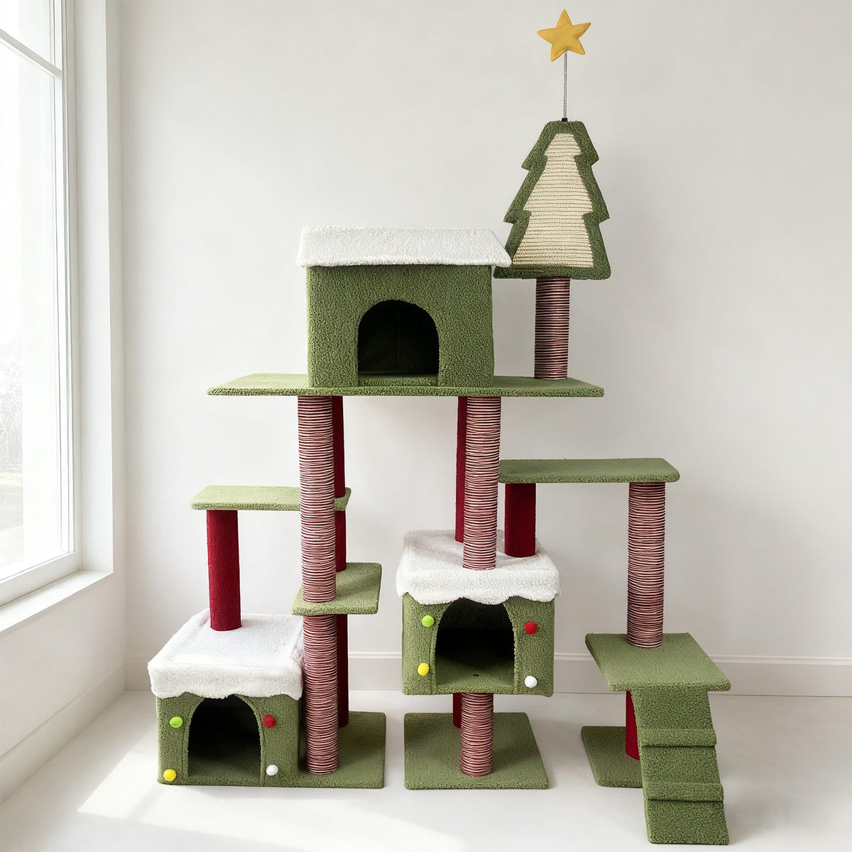 Wide Christmas Cat Tree Tower for Indoor Cats with Multi-Level Design