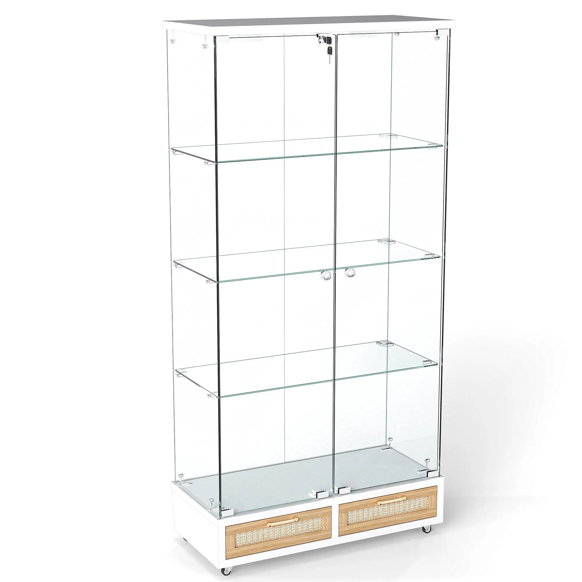 Glass Display Cabinet With LED Lights, Tempered Glass Doors, Large Drawers, 2 Door Storage Case With 4 Shelves - Natural / White by Unique Piece Furniture