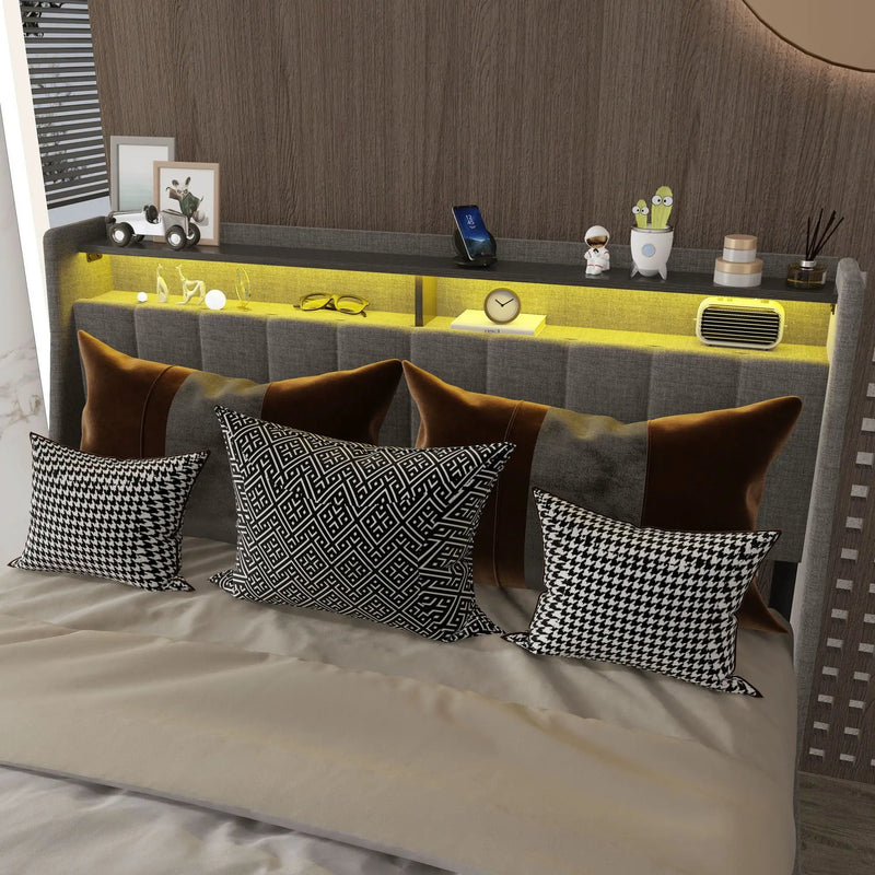 Bed With LED Lights, 4 Drawers, Winged Headboard Upholstered