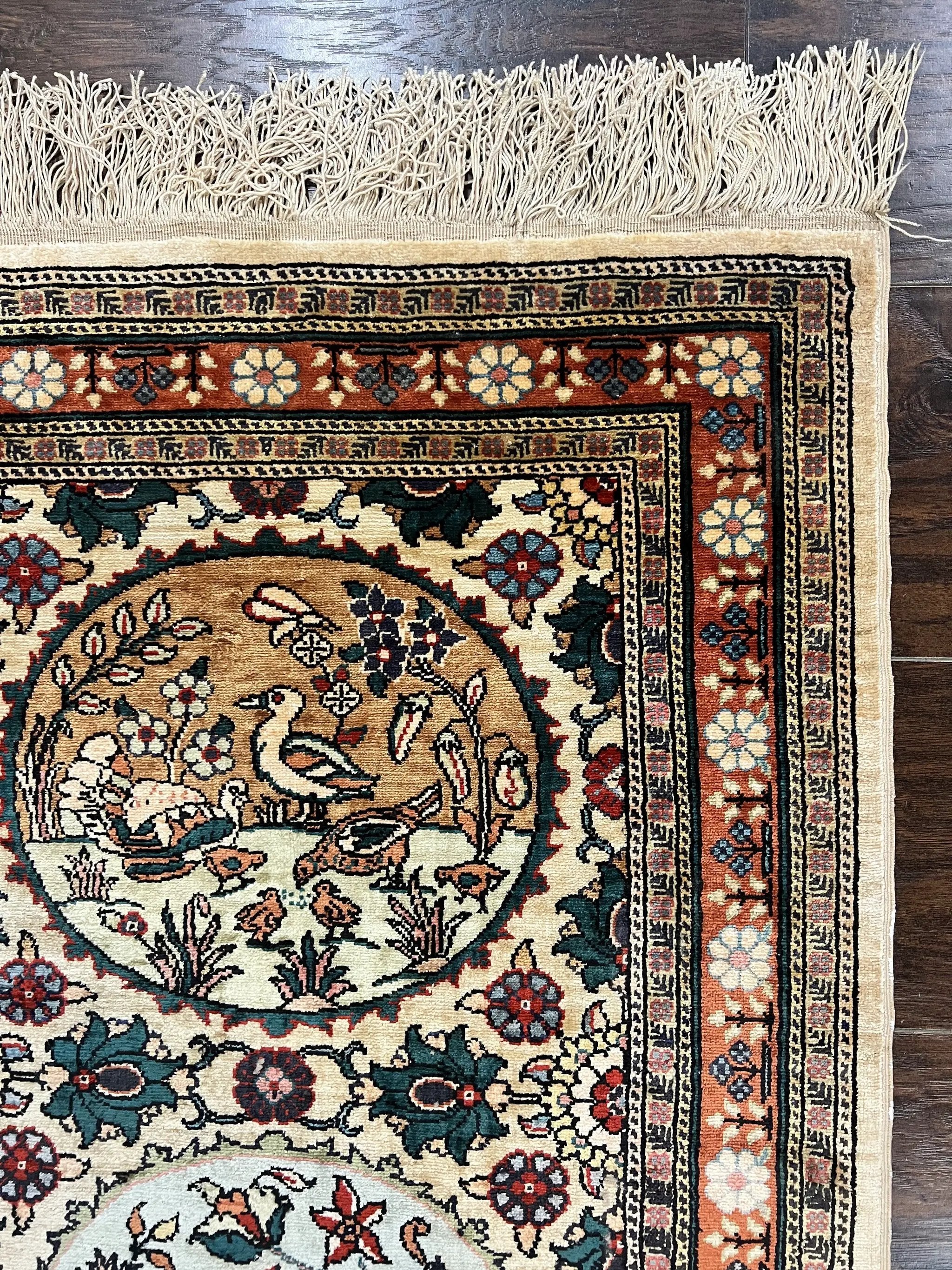 Silk Turkish Rug 2x4, Fine Handmade Oriental Rug, Animal Pictorial Birds Silk Pile on Silk Foundation Vintage Hand Knotted Hereke Carpet by Jewel Rugs