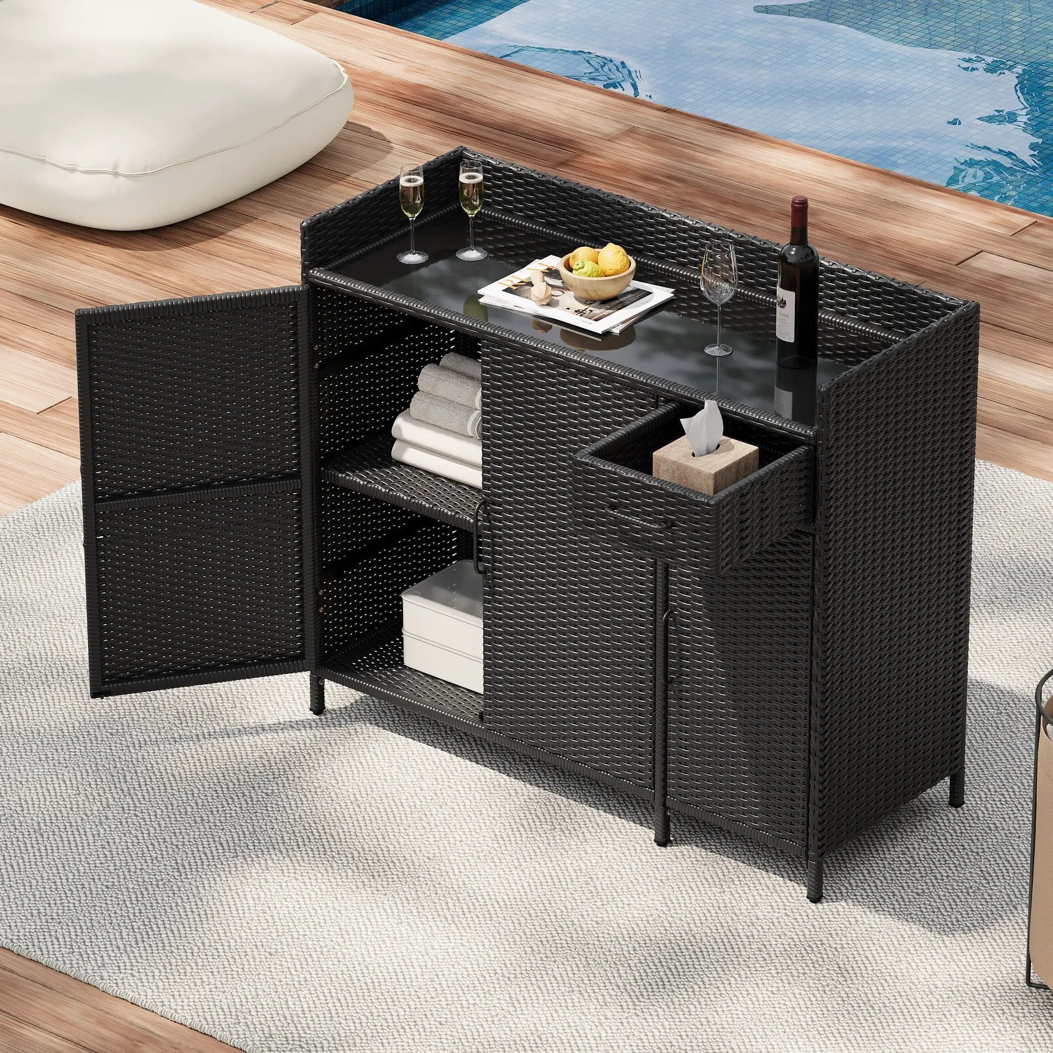 K&K 47.5"W Wicker Outdoor Storage Cabinet with Tempered Glass Top by HouseOfZazla