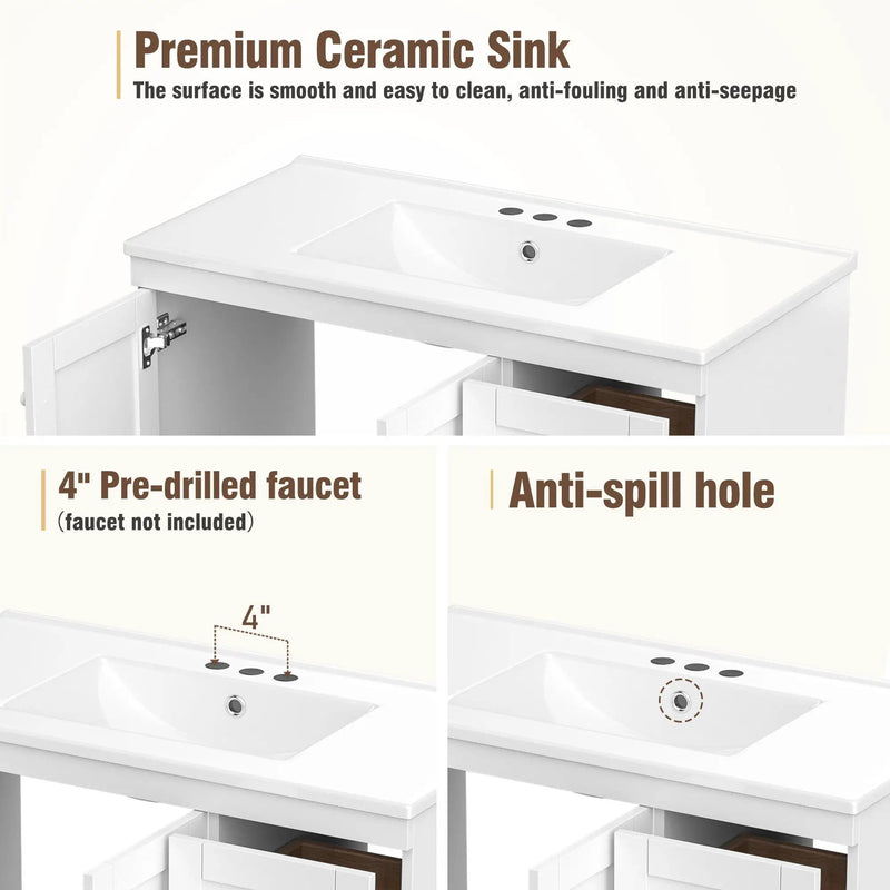 Shaker Free Standing Bathroom Vanity Cabinet & Sink, Soft Close Drawers, Soft Close Doors by HouseOfZazla
