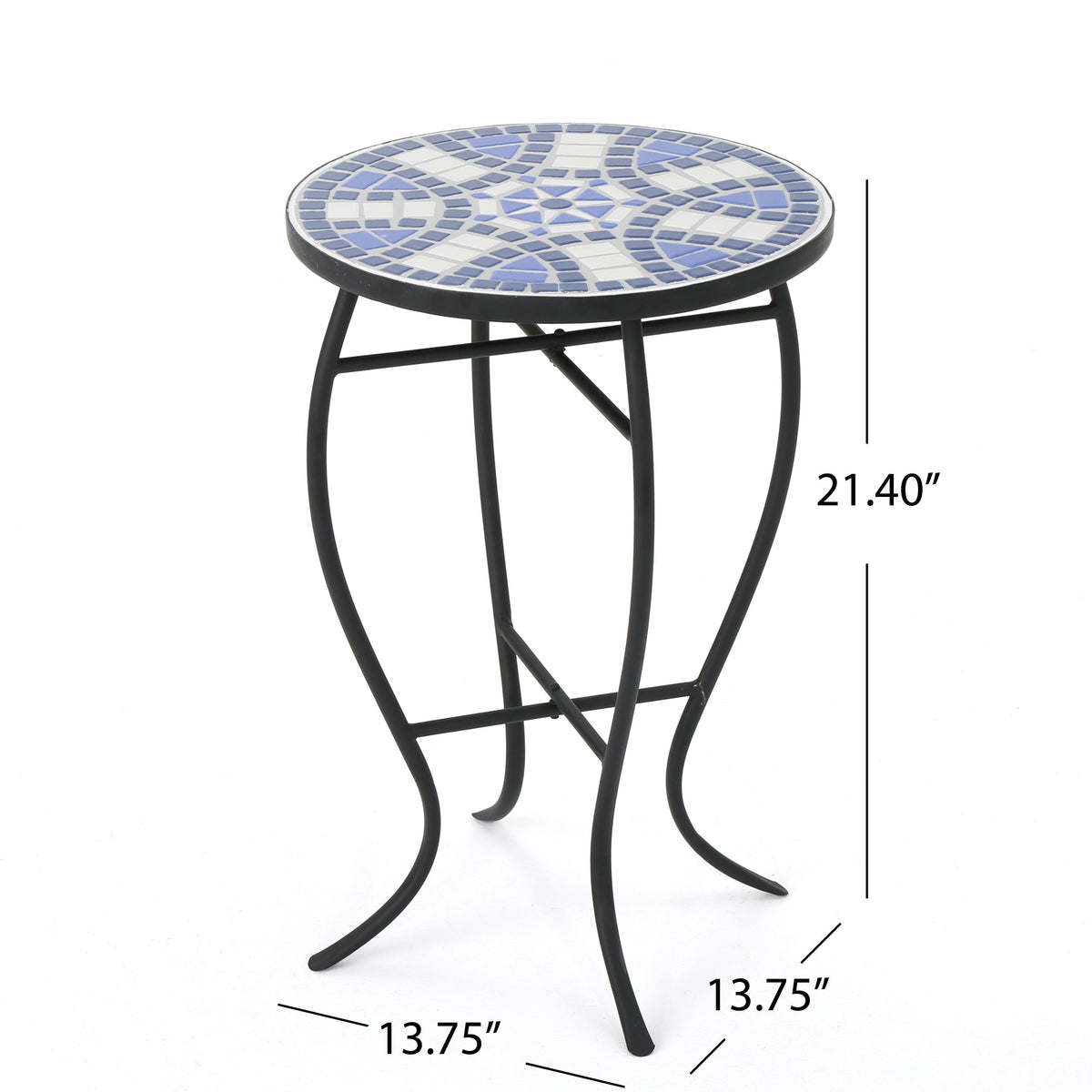 Outdoor Round Side Table with Mosaic-Style Top - White+Blue, photo 5 of 10