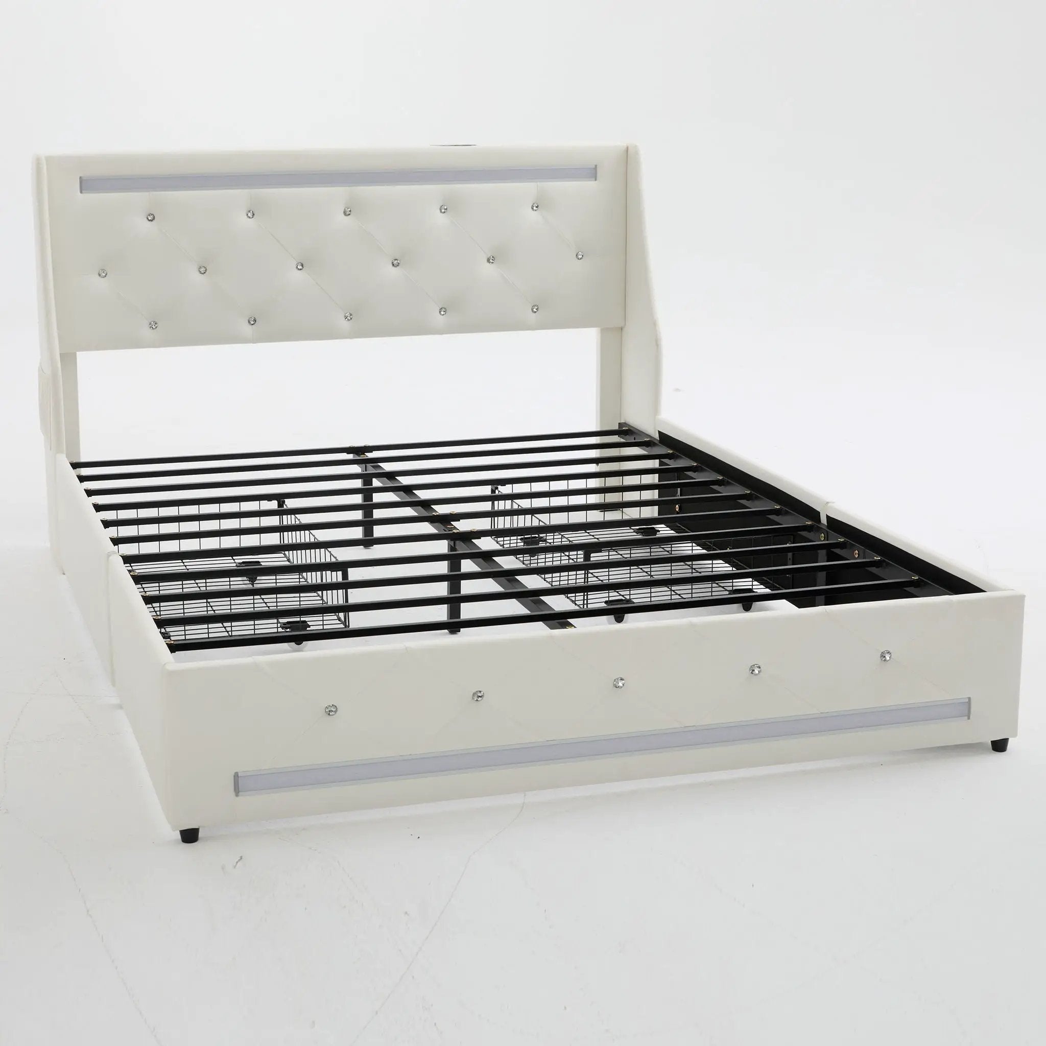 Wingback Upholstered Bed Frame With LED Lights, Charging Station by HouseOfZazla