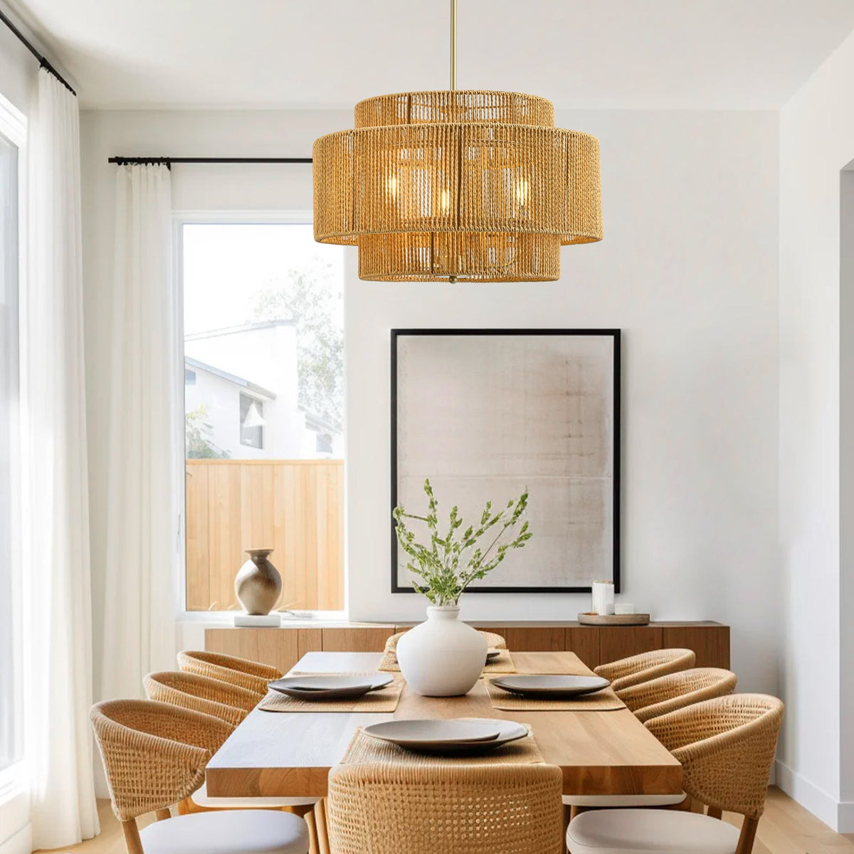 Boho Rattan Chandelier with Rustic Modern 3-Light Design - Natural Finish, photo 4 of 7