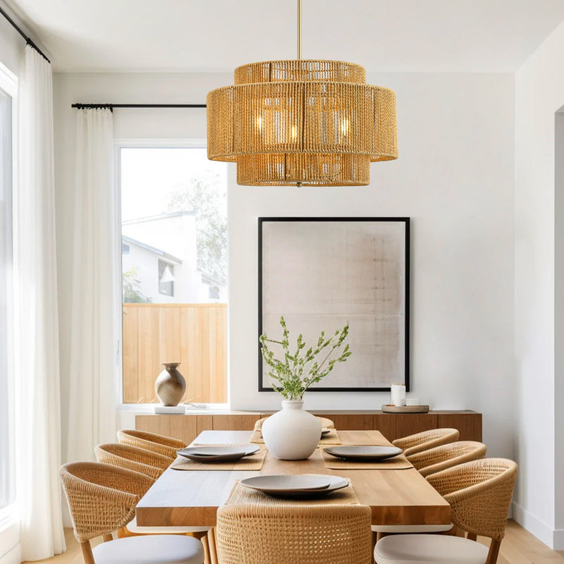Boho Rattan Chandelier with Rustic Modern 3-Light Design - Natural Finish, photo 4 of 7