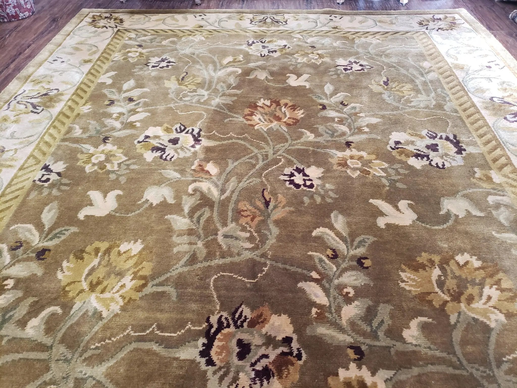 8x10 Tibetan Rug, Green & Beige Floral Rug, Large Handmade Wool Rug by Jewel Rugs
