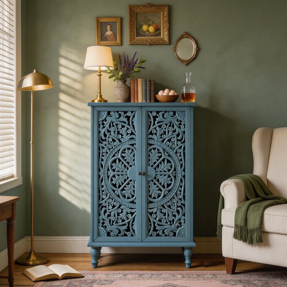 Farmhouse Accent Storage Cabinet, 2 Door Decorative Cabinet with Hollow Carved Doors, Adjustable Shelf, Freestanding Display Cabinet with Turned Legs for Entryway Living Room Dining Room,Antique