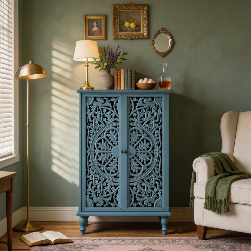 Farmhouse Accent Storage Cabinet, 2 Door Decorative Cabinet with Hollow Carved Doors, Adjustable Shelf, Freestanding Display Cabinet with Turned Legs for Entryway Living Room Dining Room,Antique
