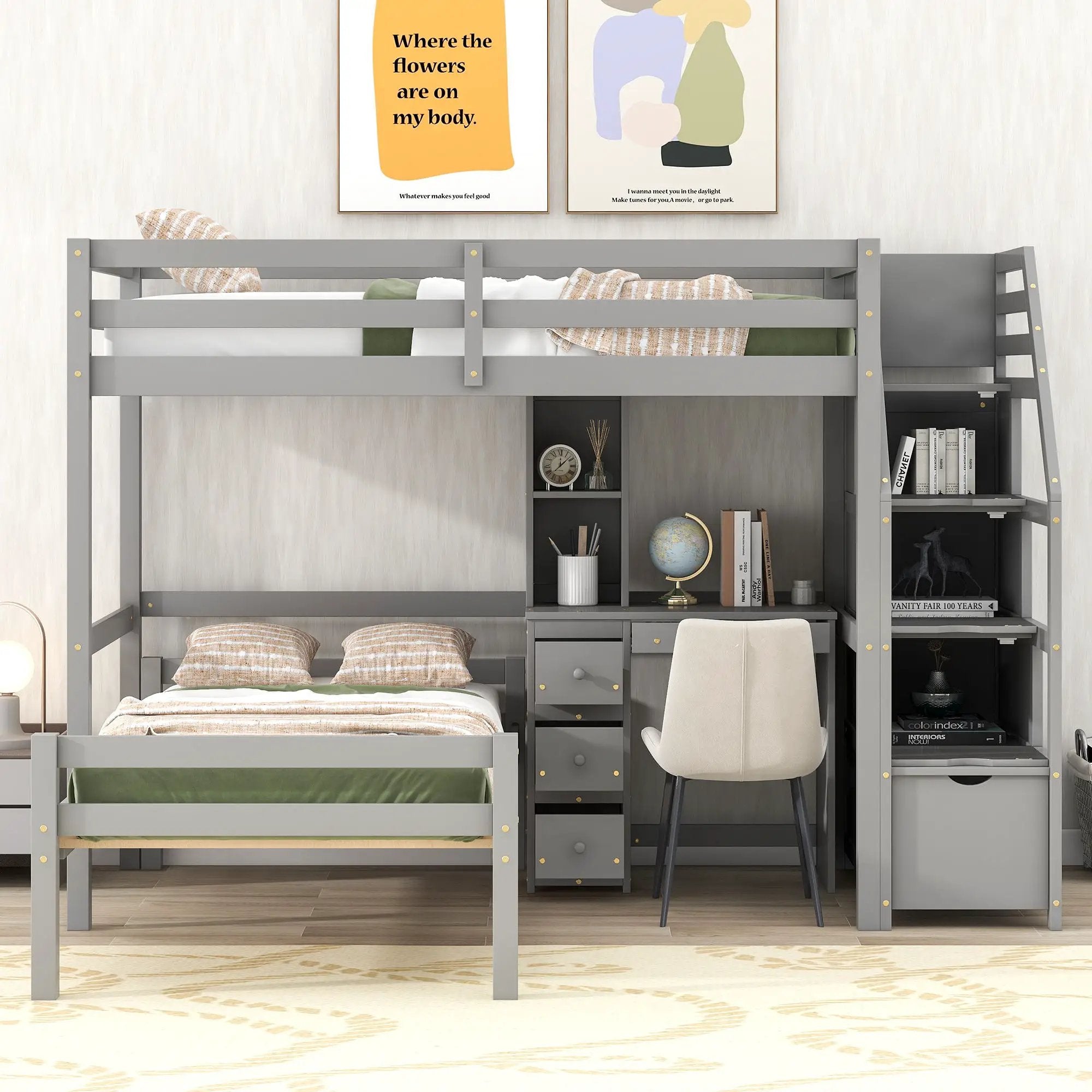 Loft Bed With Stand Alone Bed, Storage Staircase, Desk, Shelves, And Drawers by Unique Piece Furniture