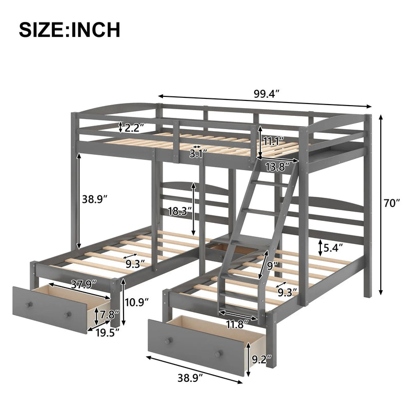 Full Over Twin & Twin Bunk Bed, Triple Bunk Bed With Drawers - Gray by HouseOfZazla