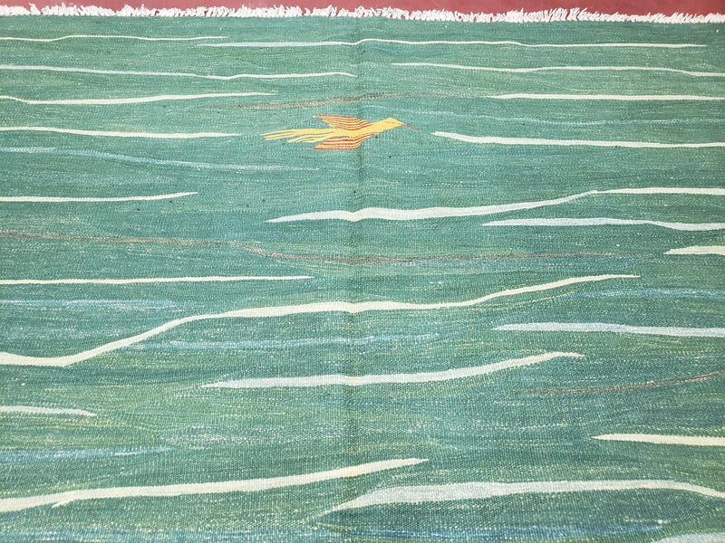 Green Turkish Kilim Rug, 6x9 - 7x10 Rugs, Bird, Handmade New Area Rug, Wool, Bohemian Boho Decor, Hand Woven, Modern Abstract Flat Weave Rug by Jewel Rugs