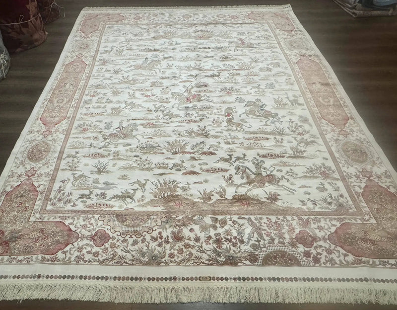 Large Turkish Silk Rug 8x10, Ivory, Hunting Design, Bamboo Silk, New by Jewel Rugs