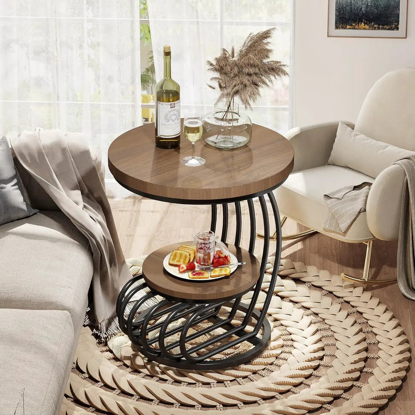 Round Vintage End Table With 2 Tier Storage by HouseOfZazla