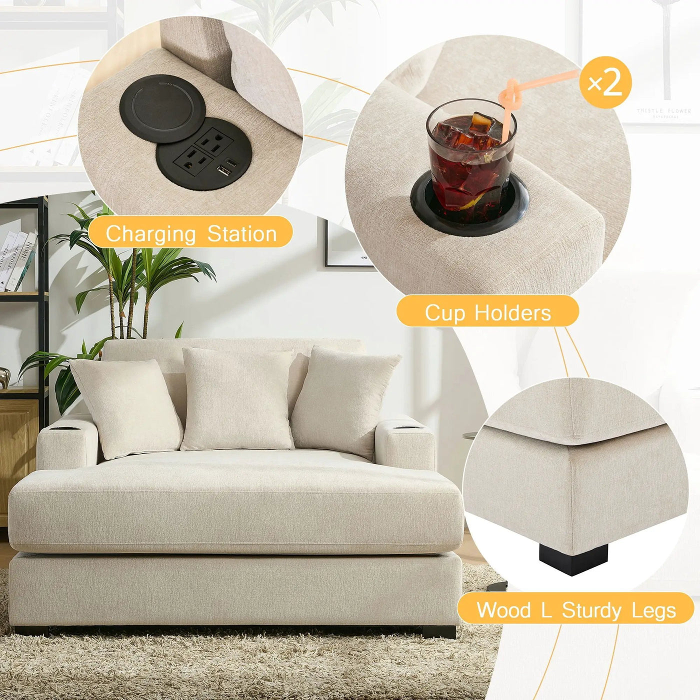 Oversized Chaise Lounger Modern Style Sofa Couch With Pillows, Charge Station & Cup Holders by HouseOfZazla